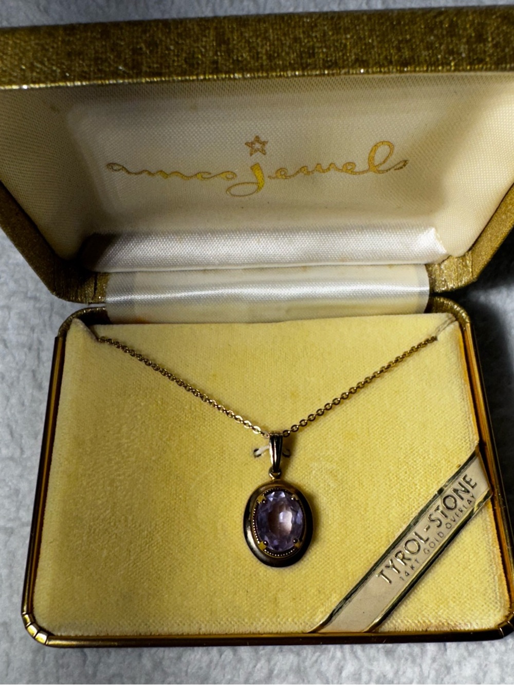 Vintage Amco Jewels 14k Gold Overlay Tyrol-Stone Pendant Necklace Original Box